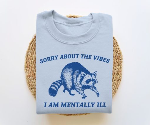 Sorry About The Vibes, Funny Sweatshirt, Funny Crewneck, Raccoon Sweatshirt, Cartoon Meme Top, Vintage Cartoon Sweater