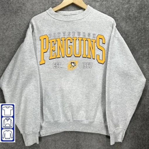 An antique 1990s Pittsburgh Penguins shirt, a college sweatshirt, a hockey fan gift, a hockey crewneck