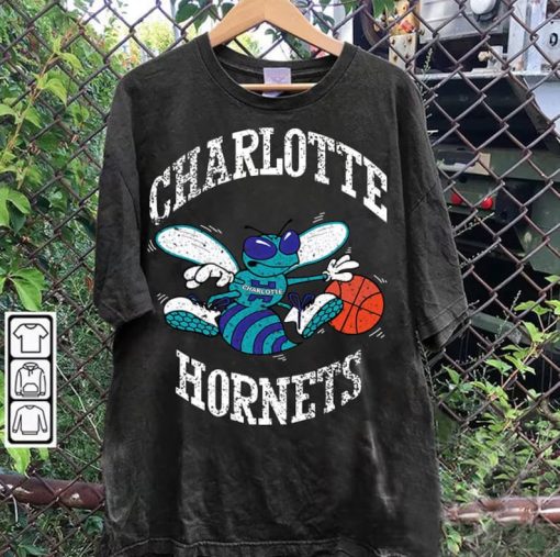 Vintage 90s Graphic Style Charlotte Hornets T-Shirt - Charlotte Hornets Sweatshirt - Retro Basketball Tee For Man and