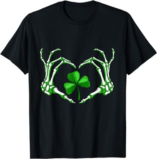 Skeleton Hand Heart Shamrock St Patricks Day Saint Paddys T-Shirt