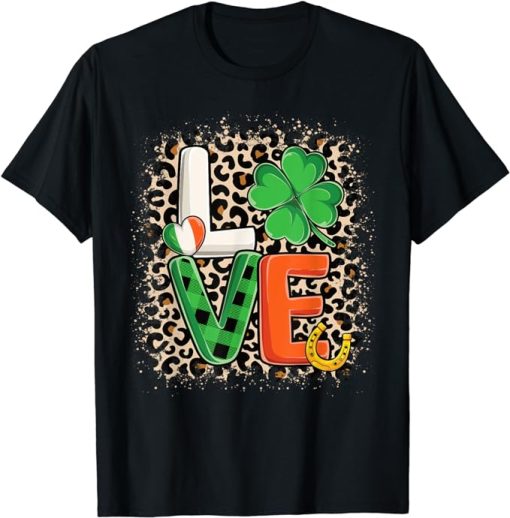 Love St. Patricks Day Shamrock Irish Leopard Print Women T-Shirt