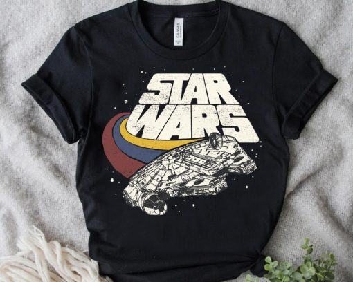 Retro Disney Star Wars Millennium Falcon Ship Three Stripes Shirt