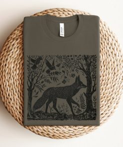 Folklore Forest Fox Lino Print Shirt, Vintage Forestcore TShirt