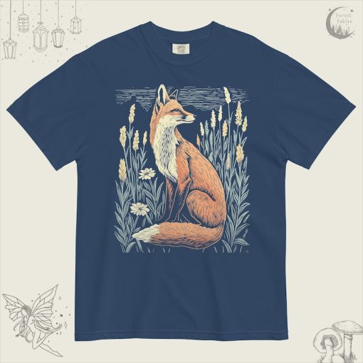 Linocut Fox Wildflower Field TShirt, Comfort Colors Tee