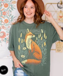 Linocut Fox Wildflower Field TShirt, Comfort Colors Tee