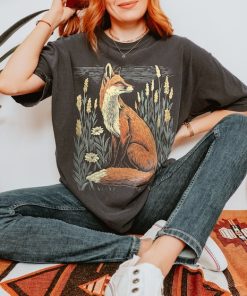 Linocut Fox Wildflower Field TShirt, Comfort Colors Tee