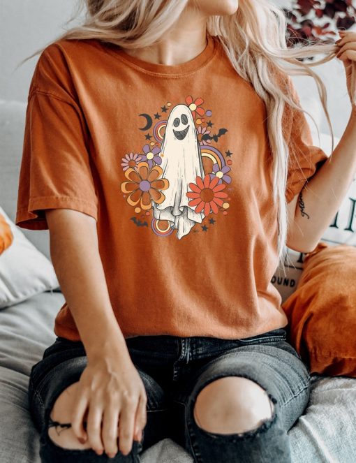 Retro Halloween Comfort Colors shirt, Flower Ghost Sketch Shirt