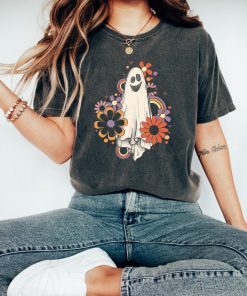 Retro Halloween Comfort Colors shirt, Flower Ghost Sketch Shirt