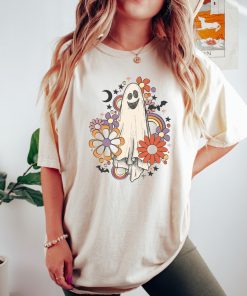 Retro Halloween Comfort Colors shirt, Flower Ghost Sketch Shirt