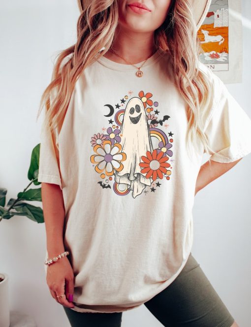 Retro Halloween Comfort Colors shirt, Flower Ghost Sketch Shirt