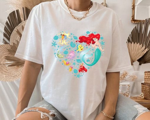 Disney Princess Ariel Flounder and Sebastian Collage Heart T-Shirt