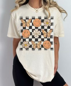 Comfort Colors Retro Checkers Smiley Faces And Butterflies Graphic Tee