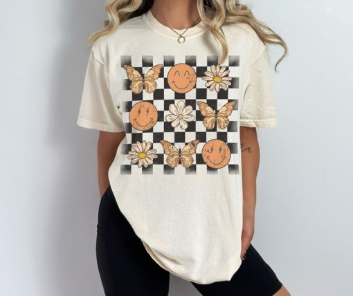 Comfort Colors Retro Checkers Smiley Faces And Butterflies Graphic Tee