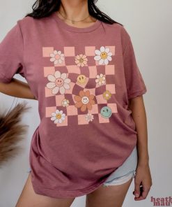 Retro Checkered Smiley Flowers Vintage Vibe Graphic Tee