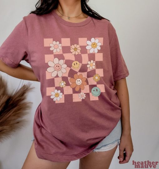 Retro Checkered Smiley Flowers Vintage Vibe Graphic Tee