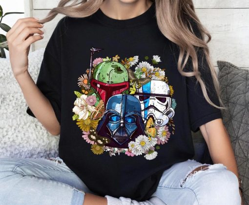 Star Wars Darth Vader Stormtrooper Boba Fett Helmet Floral Retro Shirt