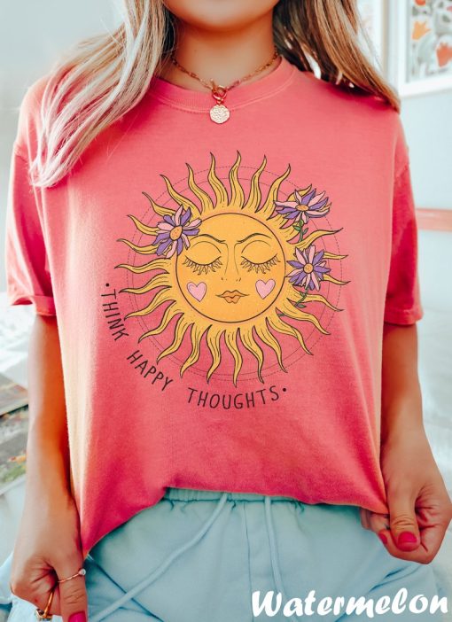 Retro Sun Shirt, Think Happy Thoughts Shirt, Comfort Colors Shirt