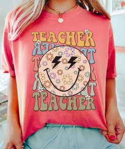 Comfort Colors Retro Teacher Shirt, Teacher Smiley Face Shirt