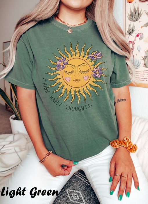 Retro Sun Shirt, Think Happy Thoughts Shirt, Comfort Colors Shirt