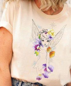 Disney Peter Pan Tinker Bell Outline Floral Sketch Portrait T-Shirt