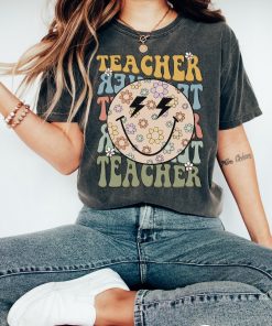 Comfort Colors Retro Teacher Shirt, Teacher Smiley Face Shirt