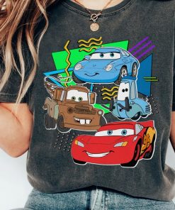 Disney Retro 90s Style Group Shot Pixar Cars Characters Squad Shirt