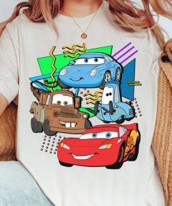 Disney Retro 90s Style Group Shot Pixar Cars Characters Squad Shirt