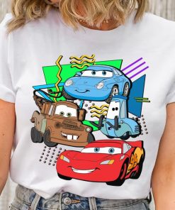 Disney Retro 90s Style Group Shot Pixar Cars Characters Squad Shirt