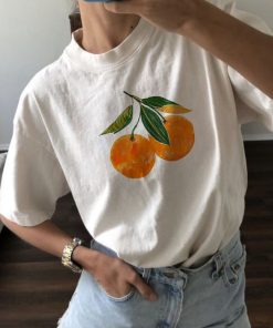 Vintage Orange Shirt Art Graphic Tee Fruit Shirt Pastel Drawing