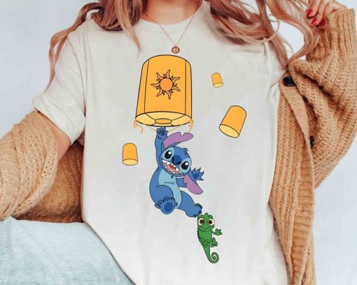 Cute Floating Lanterns Stitch and Pascal T-shirt