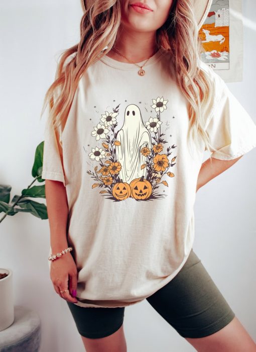 Halloween Shirt Retro Floral Ghost Tee, Cottagecore Fall Ghost TShirt