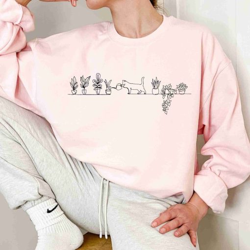 Cat Watering Plants Sweatshirt, Plant Lady Hoodie, Plants Sweatshirt