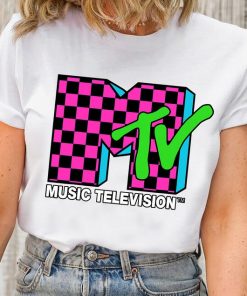 Classic MTV Logo Pink And Blue Checker Design T-Shirt, MTV Shirt