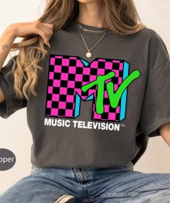 Classic MTV Logo Pink And Blue Checker Design T-Shirt, MTV Shirt