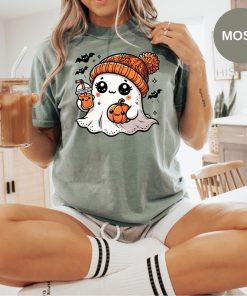 Cute Ghost Drinking Coffee Halloween Comfort Color T-shirt