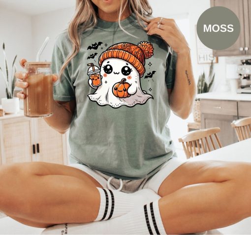 Cute Ghost Drinking Coffee Halloween Comfort Color T-shirt