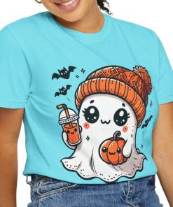 Cute Ghost Drinking Coffee Halloween Comfort Color T-shirt