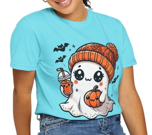 Cute Ghost Drinking Coffee Halloween Comfort Color T-shirt