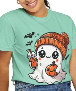 Cute Ghost Drinking Coffee Halloween Comfort Color T-shirt