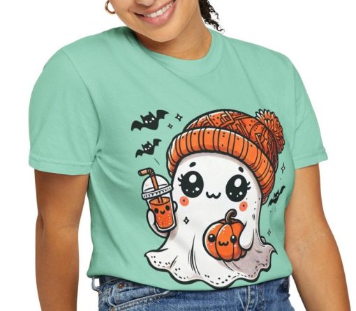 Cute Ghost Drinking Coffee Halloween Comfort Color T-shirt