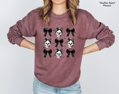 Halloween Skull Black Bow Sweatshirt, Retro Halloween Shirt