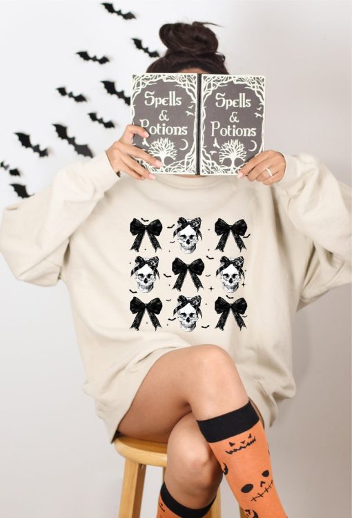 Halloween Skull Black Bow Sweatshirt, Retro Halloween Shirt