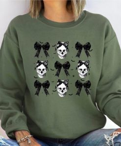 Halloween Skull Black Bow Sweatshirt, Retro Halloween Shirt