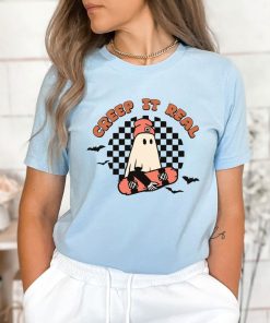 Creep It Real Halloween Shirt, Cute Skater Ghost Shirt