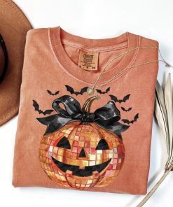 Disco Ball Pumpkin Shirt with Coquette Bow, Women's Halloween Shirt