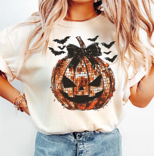 Pink and Orange Disco Ball Pumpkin TShirt, Halloween shirt