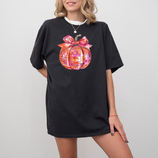 Pink and Orange Disco Ball Pumpkin Comfort Colors T Shirt, Halloween T