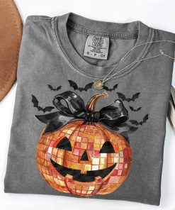 Disco Ball Pumpkin Shirt with Coquette Bow, Women's Halloween Shirt