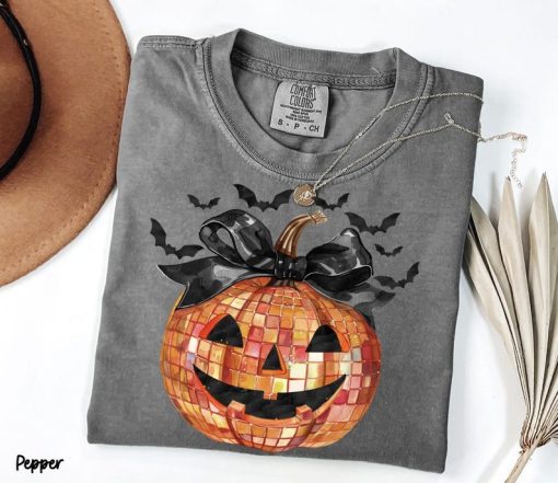 Disco Ball Pumpkin Shirt with Coquette Bow, Women's Halloween Shirt