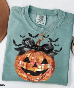 Disco Ball Pumpkin Shirt with Coquette Bow, Women's Halloween Shirt